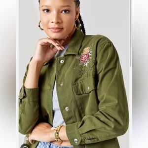 Francesca’s Collections Green Utility Jacket with Floral Embellishment